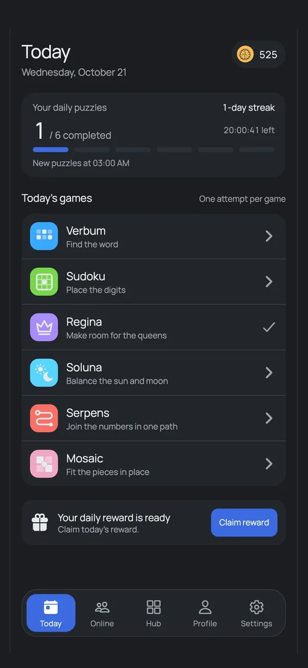 Today screen: the six games of the day and the streak
