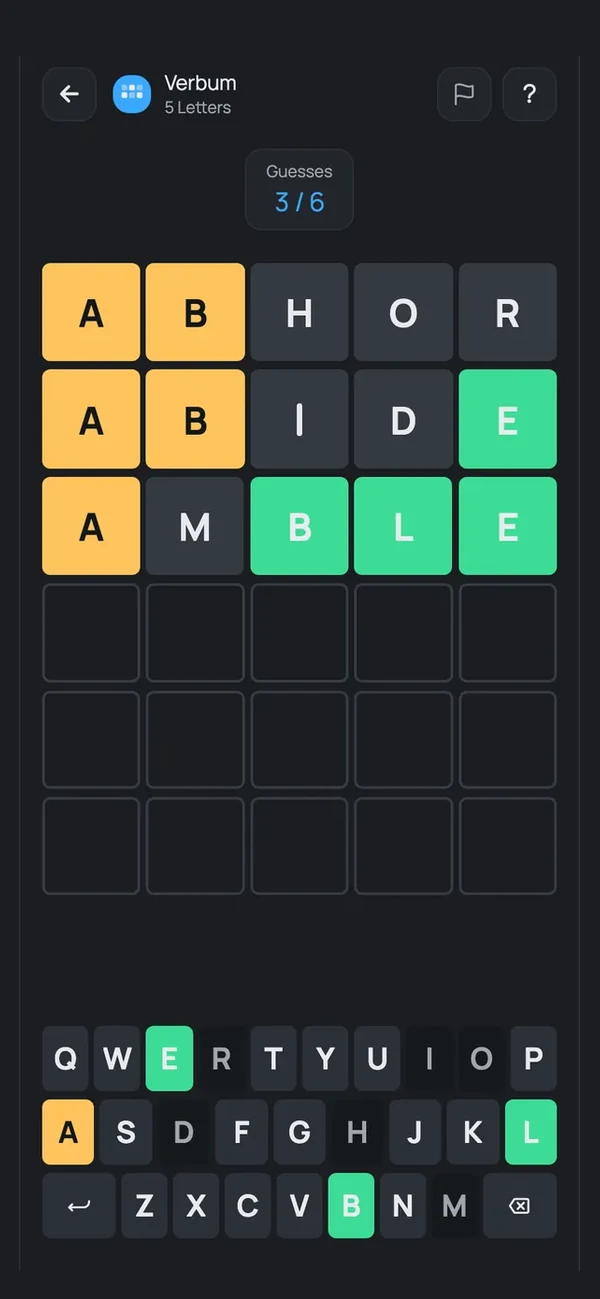 Verbum: three guesses with coloured letter hints